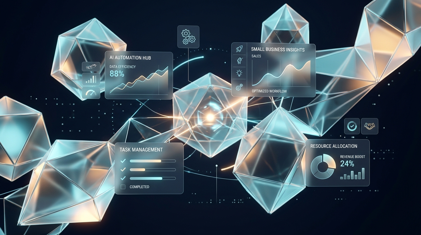 Illustration 3D écosystème IA et productivité pour petite entreprise